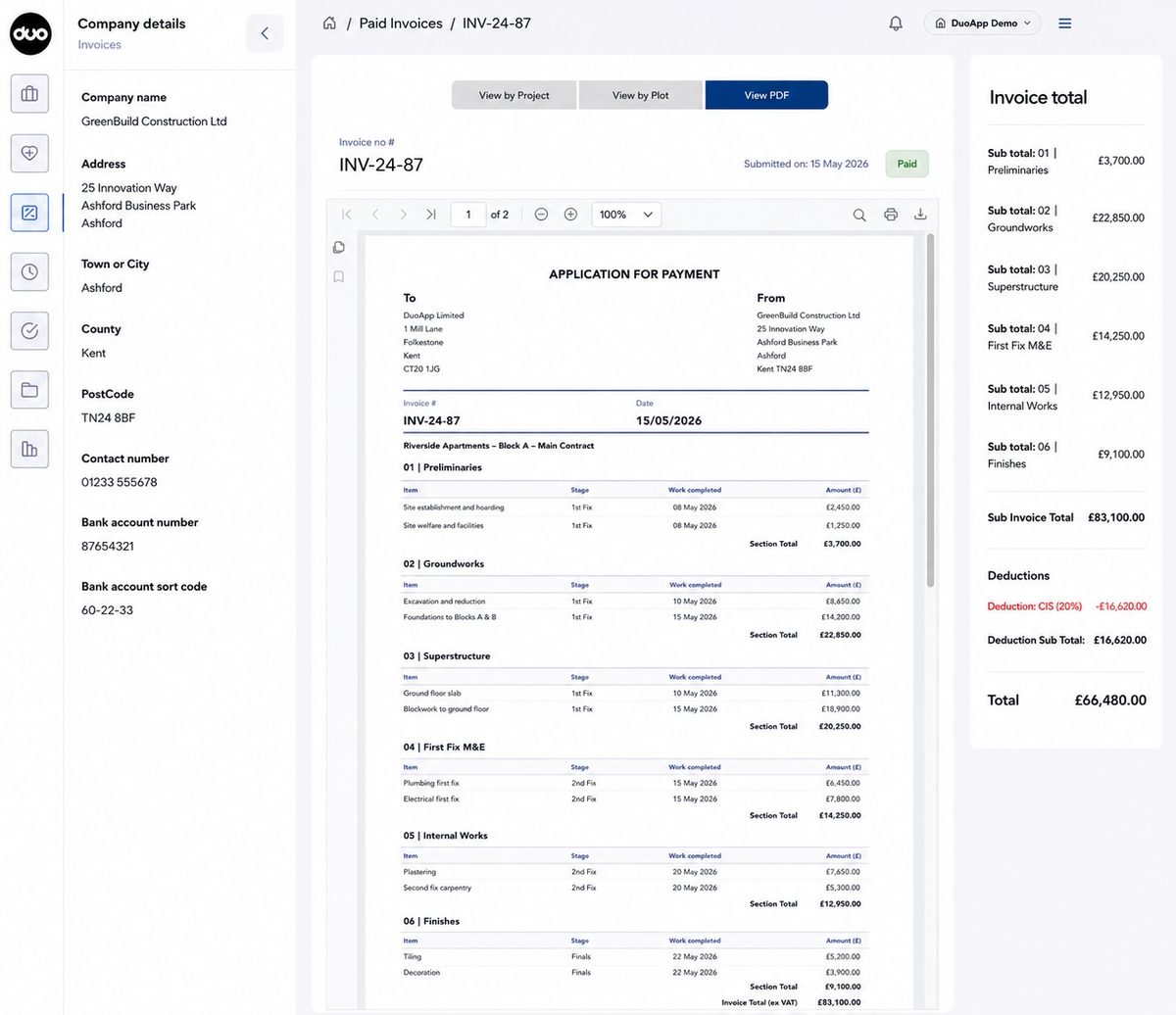 Auto-generated invoice with deductions and breakdown