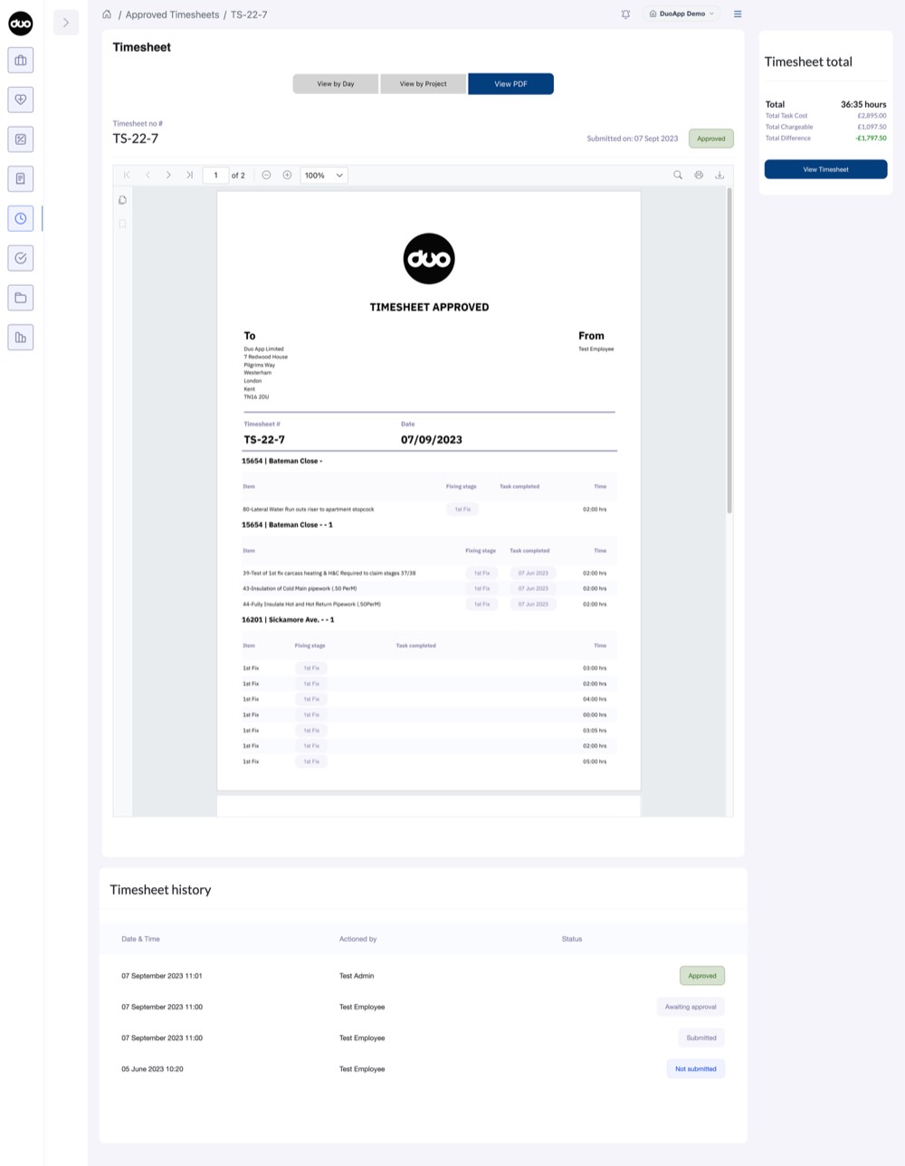 An approved timesheet in DuoApp, shown as a generated branded PDF document with its approval history