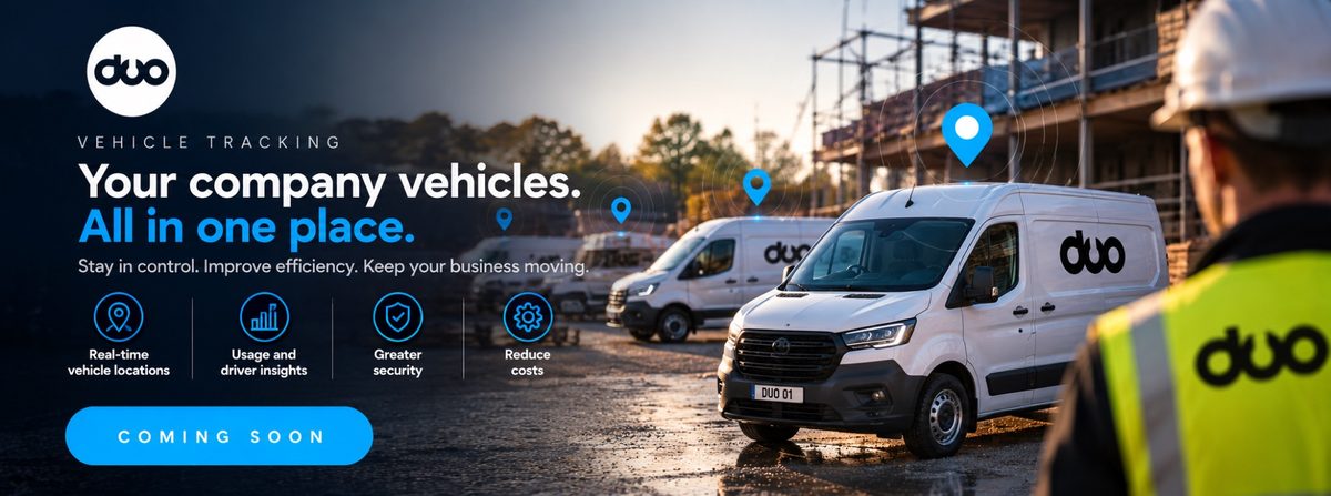 Coming soon: DuoApp vehicle tracking. A row of DuoApp-branded vans parked on a building site, each marked with a location pin. Your company vehicles. All in one place.